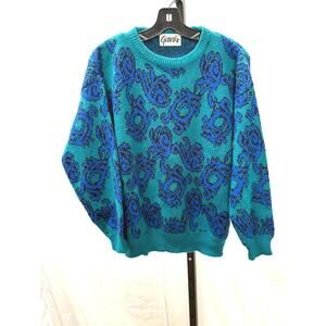 80s Medium Crew Neck Sweater Blue and Teal Patterned Knit